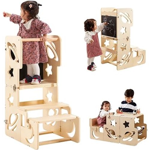 Toddler Tower, Toddler Stool for Kitchen, Kids Learning Wooden Tower, Foldable Weaning Table with Kids Step Stool, Montessori Toddler Standing Tower for Bathroom and Kitchen Counter
