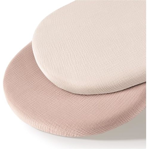Muslin Bassinet Sheets for Babies – Soft & Breathable 100% Cotton Fitted Sheets for Oval, Rectangle, Hourglass Bassinet Mattress Pads, 2-Pack (Ivory & Pink)