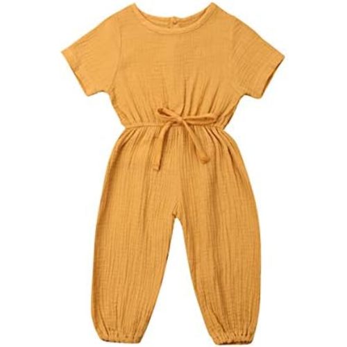 Mubineo Toddler Baby Girl Summer Fall Basic Plain Short Sleeve Cotton Linen Drawstring Romper Jumpsuit