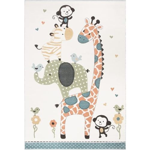 SAFAVIEH Carousel Kids Collection Area Rug - 6'7" x 9', Ivory, Animal Design, Non-Shedding & Easy Care, Ideal for High Traffic Areas for Boys & Girls in Playroom, Nursery, Bedroom (CRK120A)