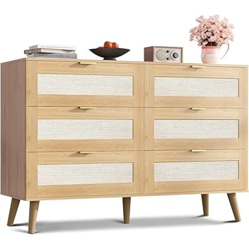 WLIVE Rattan Dresser for Bedroom, 6 Drawer 47.24'' Wide Boho Wood Dresser, Chest of Drawers, Gold Metal Handle, TV Stand for 55 inch TV, Storage Cabinet for Living Room, Hallway, Light Oak