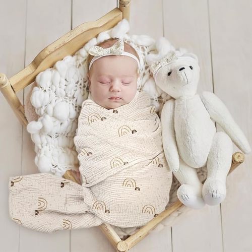 Baby Muslin Swaddle Blankets: Soft Receiving Blanket for Newborn - Cotton Swaddling Blanket for Neutral 3Pack(Rainbow Khaiki) - 3-rainbow Khaiki - Printed-3 Pack