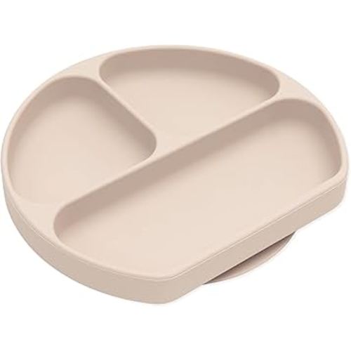 Bumkins Toddler and Baby Suction Plate, Silicone Divided Grip Dish, Babies and Kids, Baby Led Weaning, Children Feeding Supplies, Non Skid Sticky Bottom, Platinum Silicone, Ages 6 Months Up, Beige