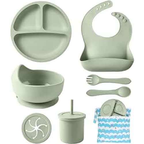 Silicone Baby Feeding Set, 10 Pcs Baby Led Weaning Supplies with Suction Bowl Divided Plate Adjustable Bib Soft Spoon Fork Snack Cup with Lid Drinking Cup, Utensil (Dark Green)