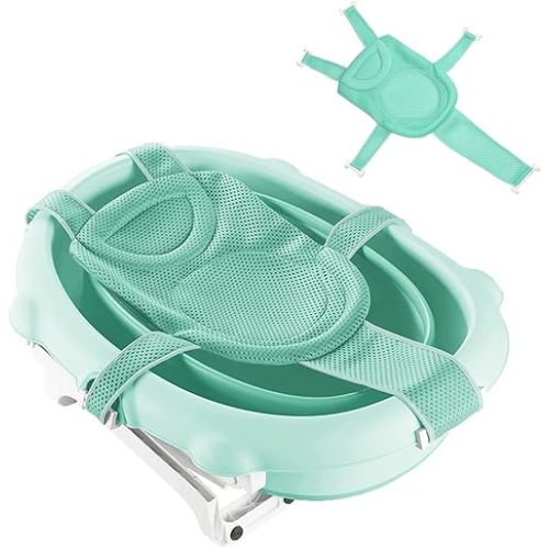 Baby Bath Seat Support Net Soft Headrest Baby Bath Cushion Pad, Breathable Newborn Infant Bathtub Shower Mesh Mat, Adjustable Shower Pad Portable Anti-Slip Bath Sling 0-18 Months, Green (No Bathtub)