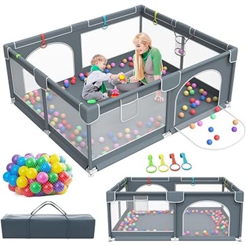 Baby Playpen, 79" x 63" Extra Large Play Yard Playpen for Babies and Toddlers with 50 Ocean Balls, Indoor & Outdoor Safety Baby Activity Center with Breathable Mesh, Anti-Slip Suckers and Zipper Gate