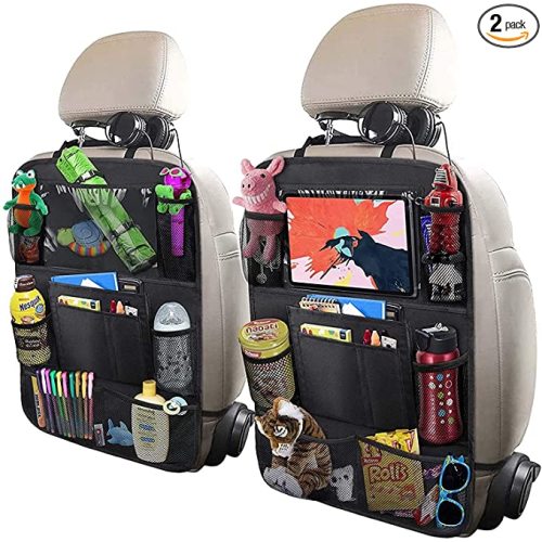 Car Backseat Organizer with 10" Table Holder, 9 Storage Pockets Seat Back Protectors Kick Mats for Kids Toddlers, Travel Accessories, 2 Pack - Black