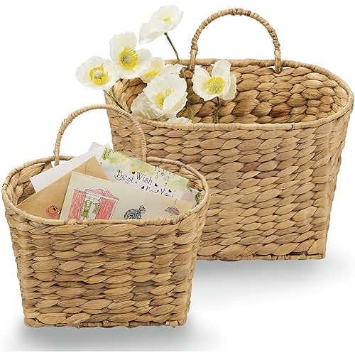 Set of 2 Wicker Hanging Basket for Organizing, Front Door, Mail, Flowers - Woven Wall Baskets for Storage