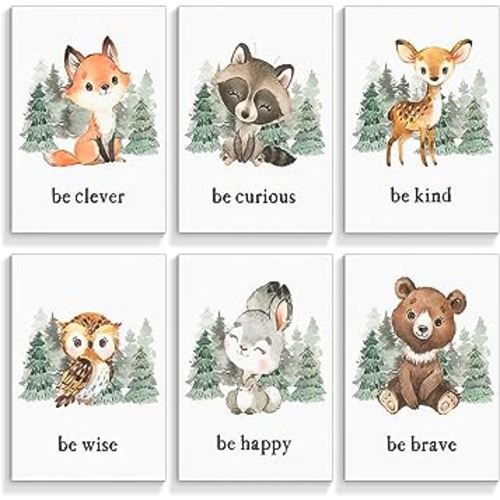 gooptyinh Woodland Nursery Animal Canvas Wall Art, 6 Piece Inspirational Forest Animals Print Posters, Motivational Quotes Cute Bear Fox Rabbit Deer Raccoon Owl Decor for Baby Bedroom 8x10in Unframed