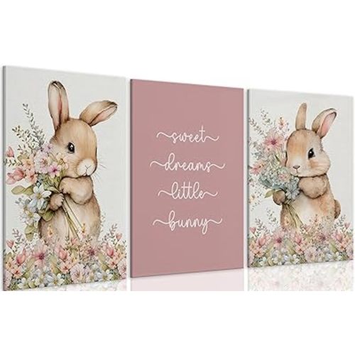 3Pcs Framed Cute bunny Canvas Wall Art Colorful wildflowers Posters Prints Bunny Nursery Wall Decor Pictures Pink Baby Inspirational Animal Paintings for Baby Girl Room Bedroom Hone Decoration