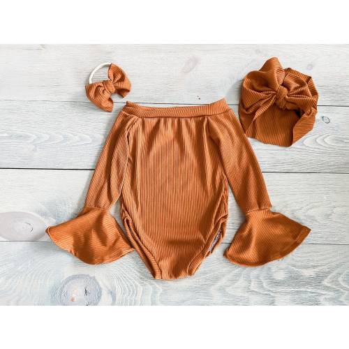Baby bell sleeve off the shoulder onesie | baby onesie| matching headbands |gingerbread color|snap free onesie