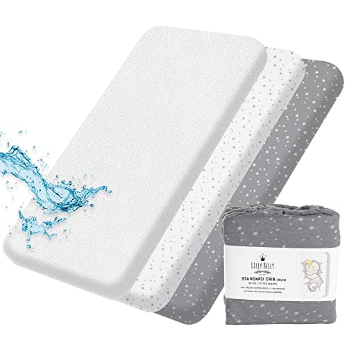 Lilly Belly Organic Crib Sheets Pack of 2 Fitted Sheets & 1 Waterproof Mattress Protector - 100% GOTS Organic Cotton - Fits up to 52Lx28Wx6H Inch