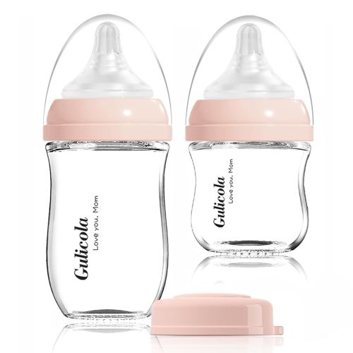Natural Glass Baby Bottle Newborn Set, 3 oz and 5 oz with Extra Slow Flow & Slow Flow Nipple, Anti Colic, 0-3 Months, 2 Pack - Pink