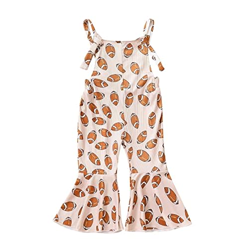 Dewadbow Baby Girl Toddler Ribbed Football Game Day Bell Bottom Overalls Knot Strap Kids One Piece Jumpsuit Romper