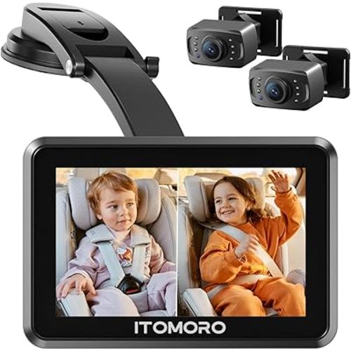 Itomoro Baby Car Camera for 2 Kids, 5" IPS Display with 2 Cameras Rear Facing, Backseat Dual Car Camera Baby Monitor with Split Screen, Infrared Night Vision, HD 1080P, Easy to Install - ACZ433