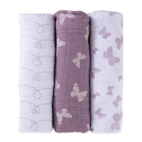Ely's & Co. Cotton Muslin Swaddle Blanket Lavender Butterfly Design 3 Pack