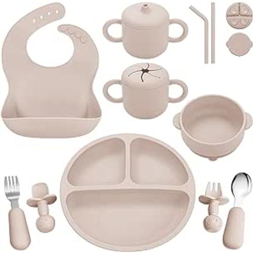 Amazon.com: Bufims Silicone Feeding Set, Baby Led Weaning Supplies, Eating Utensils Including Suction Plate, Suction Bowl, Sippy Cup with Lid, Snack Container, Pocket Bib and Forks Spoons, for 6+ Months, Beige : Baby