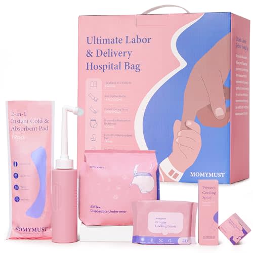 Postpartum Essentials Kit, Labor Delivery Mom Recovery Essentials w/Peri Bottle, Herbal Cooling Spray, Absorbent Disposable Underwear, Instant Cold&Absorbent Pad, Herbal Cooling Liners,Nipple Cream