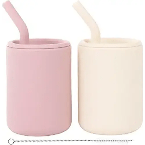 WeeSprout Silicone Baby Cups With Straws and Lids, 4 & 8 oz Options, Set of 2, Food Grade Toddler Training Container, Built In Straw Stoppers, Measurement Markings, Dishwasher Safe + Straw Cleaner