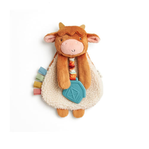 Itzy Ritzy - Itzy Lovey Including Teether - Baby Lovey with Teether, Textured Ribbons & Dangle Arms - Features Crinkle Sound, Sherpa Fabric and Minky Plush (Highland Cow)