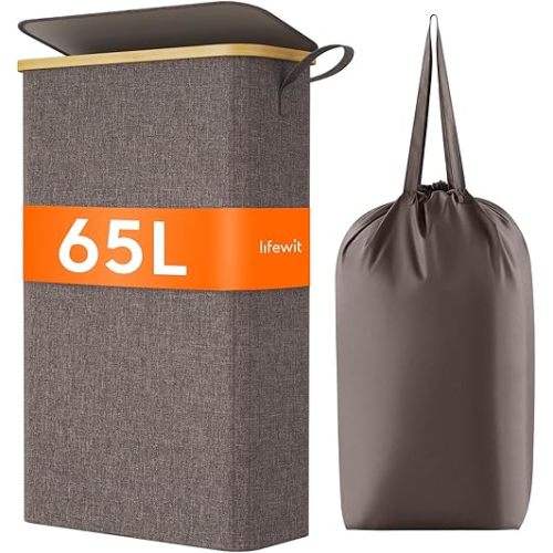 Lifewit 65L Slim Laundry Hamper with Lid, Narrow Laundry Basket with Removable Bag & Bamboo Handles, Fodable Thin Dirty Clothes Hamper for Laundry Collapsible Bin for Bathroom Bedroom Dorm, Brown