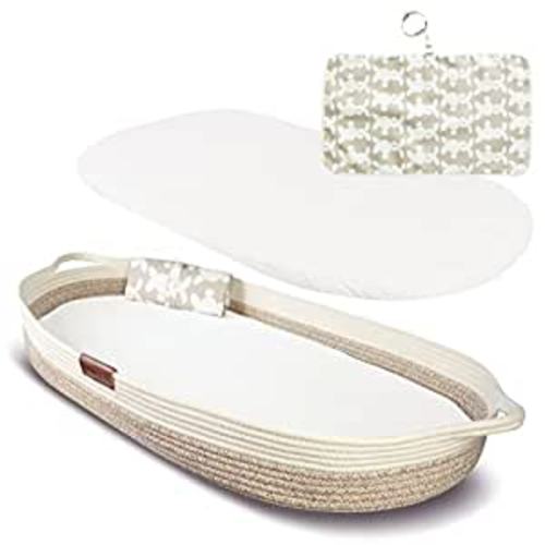 Yunioo Deluxe Baby Changing Basket with Extra Travel Diaper pad, Foam Changing pad and Water Repellent Cover, Cotton Rope Moses Basket, Changing Table Topper for Dresser (Sydney White Beige) : Baby