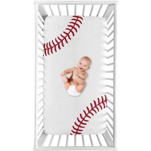 Sweet Jojo Designs Boy Photo Op Fitted Crib Sheet Baseball Patch Red And White