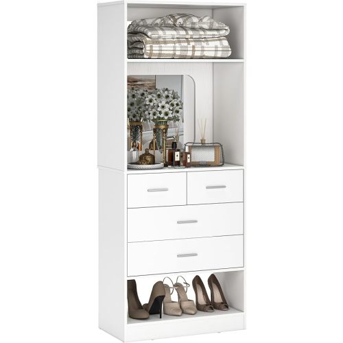 Unikito 25 Inch Closet System with 4 Drawers, 2FT Wood Closets Organizer with Storage Shelves and Mirror Design, Freestanding Sturdy Walk in Closet Tower for Bedroom, 25" W x 16" D x 80" H, White