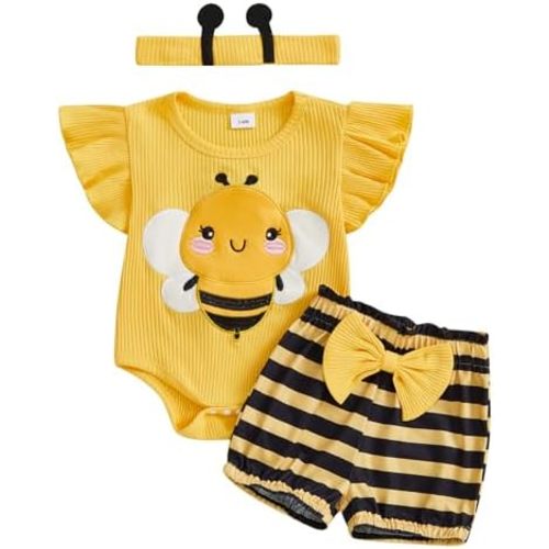 Newborn Baby Girl Summer Clothes Bow Bear Ruffle Sleeveless Romper Bodysuit Jumpsuit Tops Shorts Set Infant Outfit