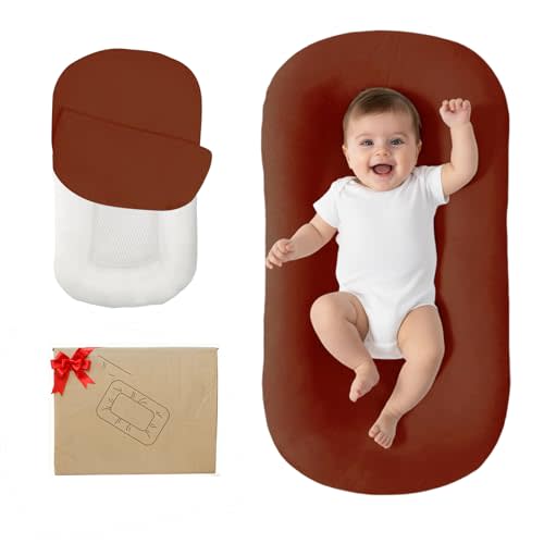 Lucakuins Baby Lounger, Bionic Design Baby Lounger for Newborn 0-24 Months, Soft Organic Cotton Breathable Lounger for Infants (Brown)