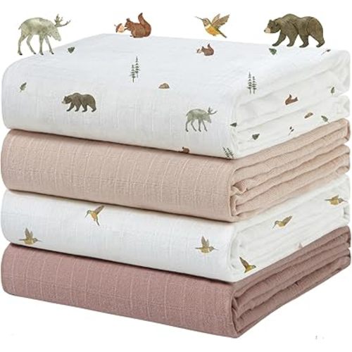 POMISO Muslin Swaddle Blankets for Boys & Girls, Newborn Receiving Blankets, 4 Pack Soft Breathable Baby Swaddles, Large 47x47 Inches, Forest Animals