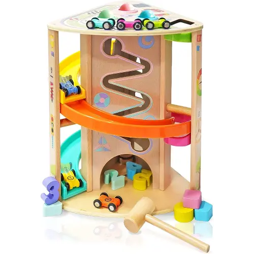 Toddler Toys Wooden Race Track Car Ramp Toys Vehicle Set with 6 Mini Cars & 5 Ramps Educational Cars Toys for 3+ Years Old Ramp Racer Toy Montessori Toys Craft Gift for Toddlers Boys and Girls