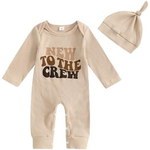 Newborn Baby Girl Clothes Infant Boy Romper NEW TO THE CREW Print Long Sleeve Ribbed Bodysuit Fall Winter Outfits