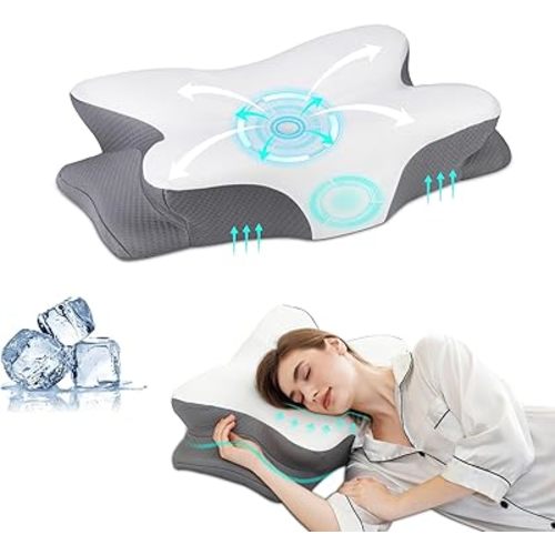 Memory Foam Pillows, Ergonomic Pillow for Neck Pain Relief, Bed Pillow for Sleeping, Cervical Neck Pillow for Side, Back, Stomach Sleeper with Cool Pillowcase, Side Sleeper Pillows for Adults