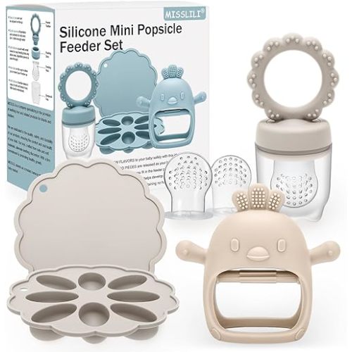 Baby Silicone Fruit Food Feeder Pacifier & Breastmilk Popsicle Freezer Molds,BPA Free Baby Food Storage Containers Frozen Ice Tray for Baby Feeding Safely, Infant Fruit Teething Toy (Beige)