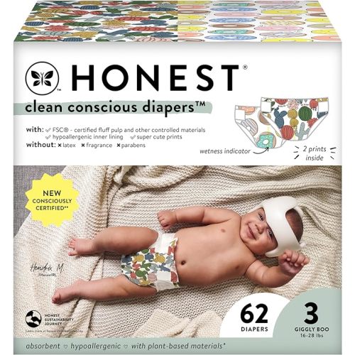 The Honest Company Clean Conscious Diapers for Sensitive Skin | Hypoallergenic, Fragrance Free | Gender Neutral Prints | Club Box, Size 3 (16-28 lbs), 62 Count (Prints May Temporarily Vary)