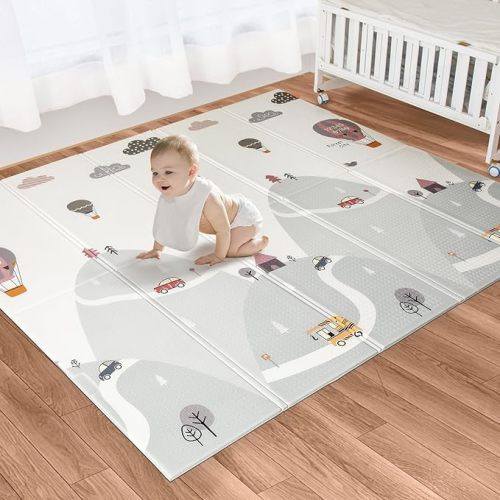 IEATFO Foldable Playmat Baby Play Mat 79" x 71" Large Reversible Waterproof XPE Crawling Mat for Kid Anti-Slip Portable Floor Mat with Travel Bag Play & Tummy Time Crawling Mat for Indoor Outdoor Use - Hot Air Balloon