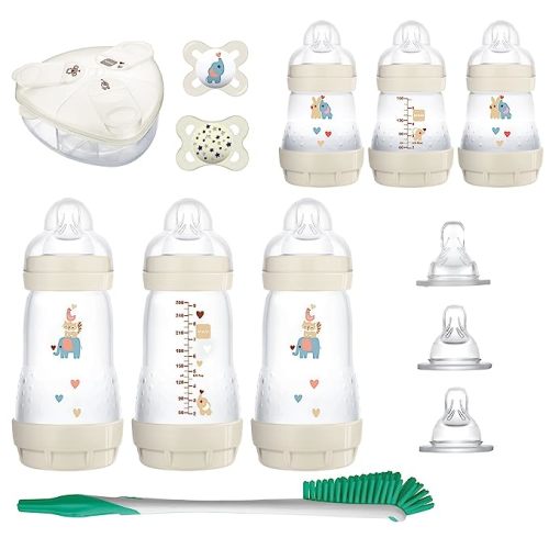 MAM Baby’s First Gift Set, 0+ Months, 5oz and 9oz Anti-Colic Bottles with Self-Sterilization, SkinSoft Silicone Nipples and Pacifiers, Dishwasher Safe Formula Dispenser and Bottle Brush, Unisex - (Set of 13 Piece)
