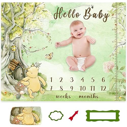 Classic Winnie Baby Monthly Milestone Blanket - Growth Chart Design Soft Milestone Blanket for Baby Girl Boy - Blanket Nursery Decor Baby Shower 47"x40"