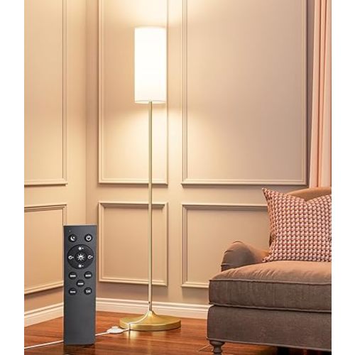 luckystyle LED Floor Lamp for Living Room, Dimmable Standing Lamps with Foot Switch,Remote Custom Color Temperature Gold Pole Lamp with Lampshade,12W Led Bulb Tall Lamps for Bedroom Office Kid Room