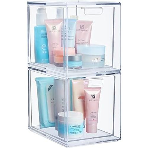 STORi Audrey Stackable Bin Clear Plastic Organizer Drawers | 2 Piece Set | Organize Cosmetics and Beauty Supplies on a Vanity | Made in USA