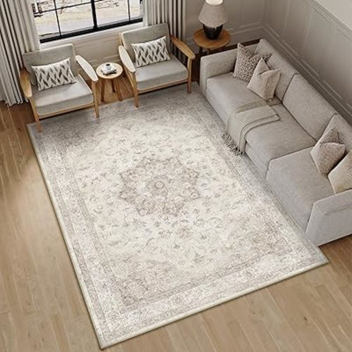 Beige Area Rug 5x7 Washable Vintage Carpet for Living Room Office Soft Retro Low Pile Thin Indoor Rug Non Slip Oriental Medallion Tapis Salon for Bedroom Dining Room