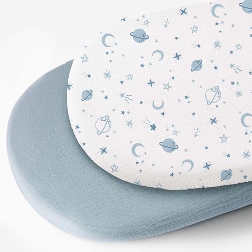 Konssy 2 Pack Muslin Bassinet Sheets for Baby Boy, 100% Cotton Soft Breathable Bassinet Mattress Sheets Fit for Hourglass Oval Cradle Rectangle Mattress (Star,Blue)