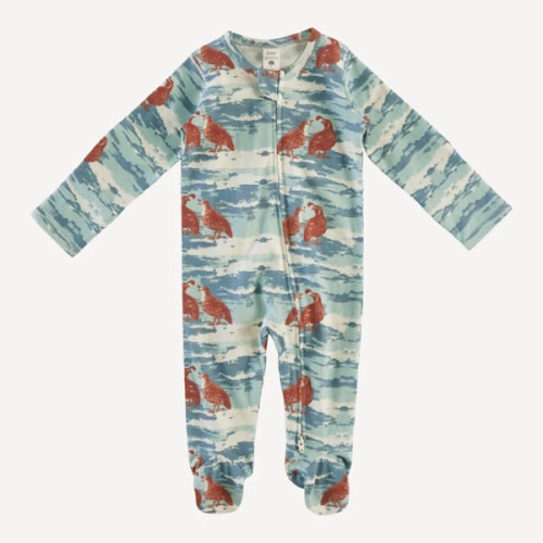long sleeve zipper footie | blue quail | organic cotton jersey