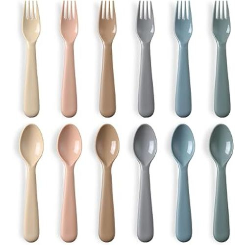 12 Pieces Toddler Utensils Set, Plastic Spoons and Forks Set for Kids, Children Safe Flatware, Plastic Reusable Cutlery, BPA Free, Dishwasher Safe