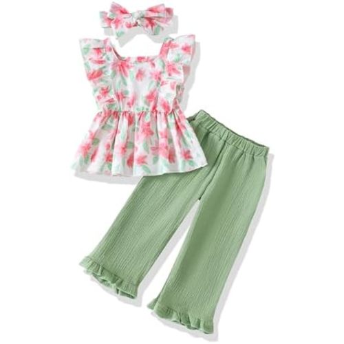Toddler Baby Girl Clothes Outfit Infant Summer Clothing Ruffle Sleeveless Top Wide Leg Pants Sets for Little Girls