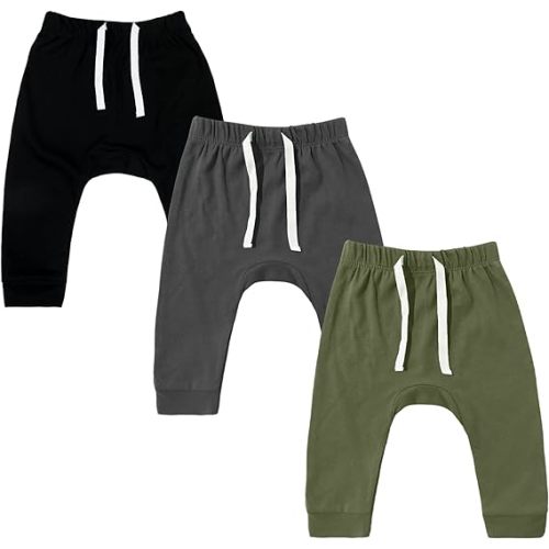 SOBOWO Newborn Baby Boy Girl 3-Pack Joggers Infant Baby Cotton Harem Pants for Toddler Boys Girls 0-3T Interlock 195 GSM