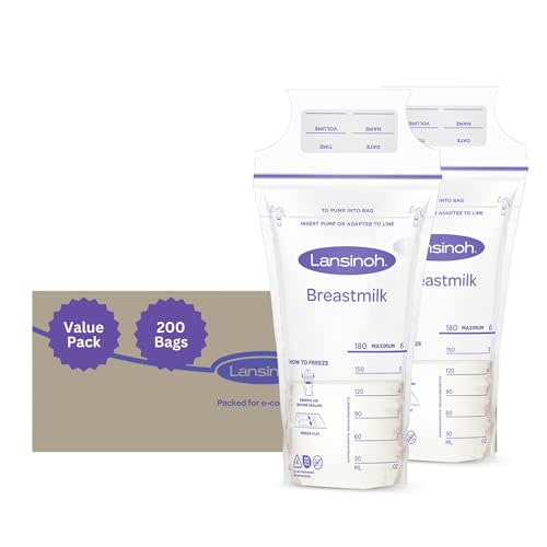 Lansinoh Breastmilk Storage Bags, 200 Count Value Pack, Easy to Use Breast Milk Storage Bags for Feeding, Baby Essentials, Presterilized, Hygienically Doubled-Sealed for Freezing & Refrigeration, 6 OZ