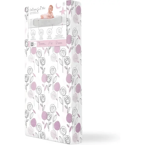 Dream On Me Floral Dreams 5” Firm Fiber Crib & Toddler Mattress (52" L x 28" W), 2-in-1 Dual-Sided Infant & Toddler Support, Waterproof & Stain Resistant, GREENGUARD Gold & JPMA Certified - Rose Pink