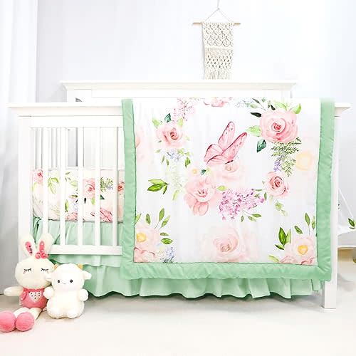 4-Piece Crib Bedding Set, Baby Girl Crib Bedding Set Butterflies Floral Nursery Bedding Set Includes Comforter, Fitted Crib Sheet, Crib Skirt, and Diaper Stacker, Green & Pink